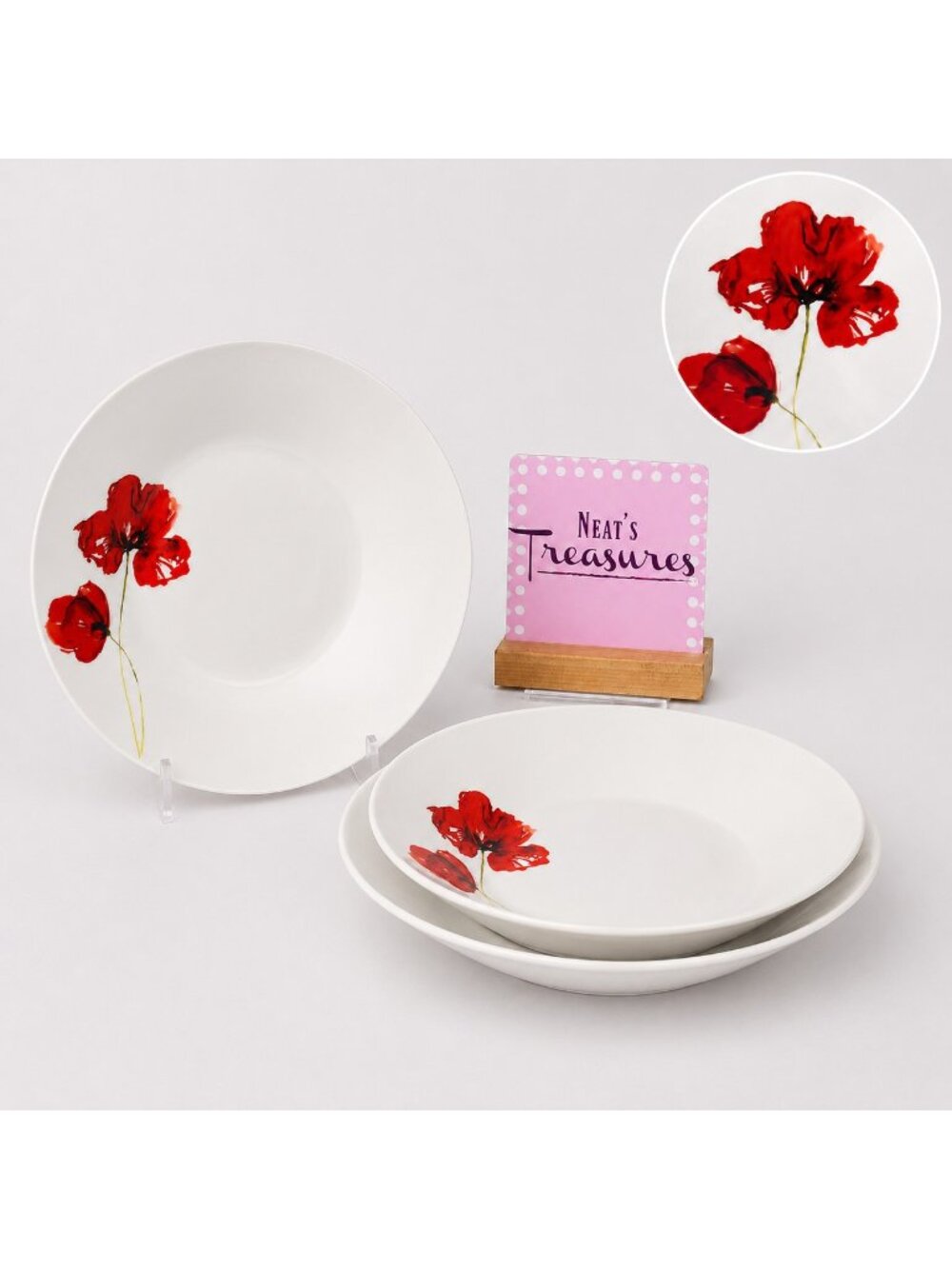 H2K Home To Kitchen POPPI Red Floral White Porcelain Soup Cereal Bowls Set of 3
